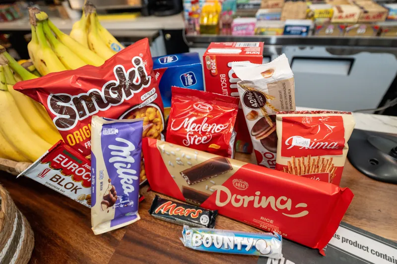 Balkan sweets and snacks at WYN MKT: Smoki, Dorina, Milka, Eurocrem Blok, Medeno Srce and Prima pretzels