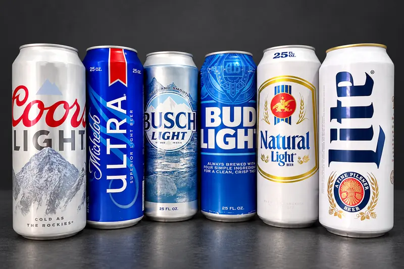 Tallboy cans of Coors Light, Michelob Ultra, Busch Light, Bud Light, Natural Light and Miller Lite