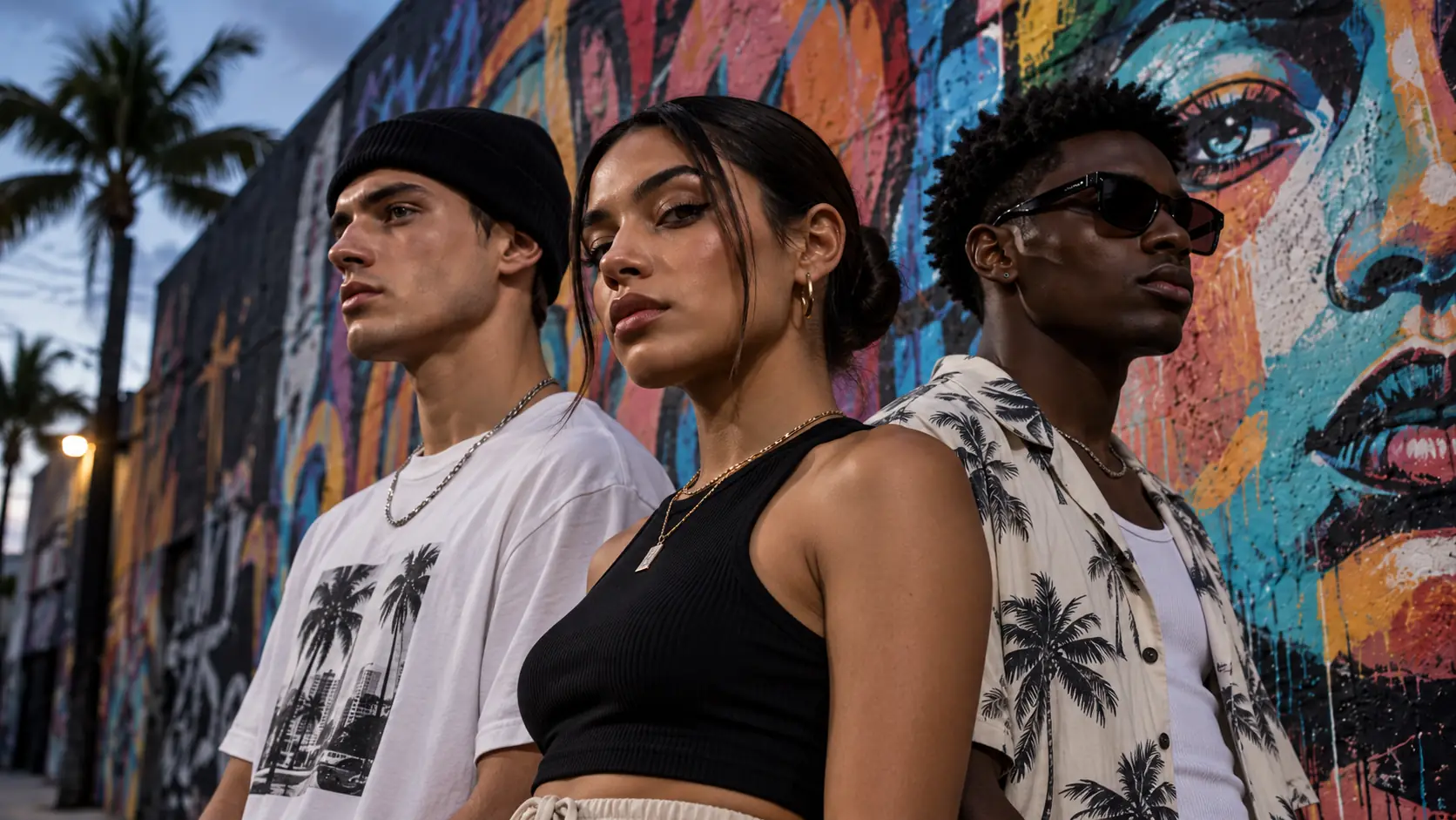 Three friends in front of a colorful Wynwood graffiti mural in Miami