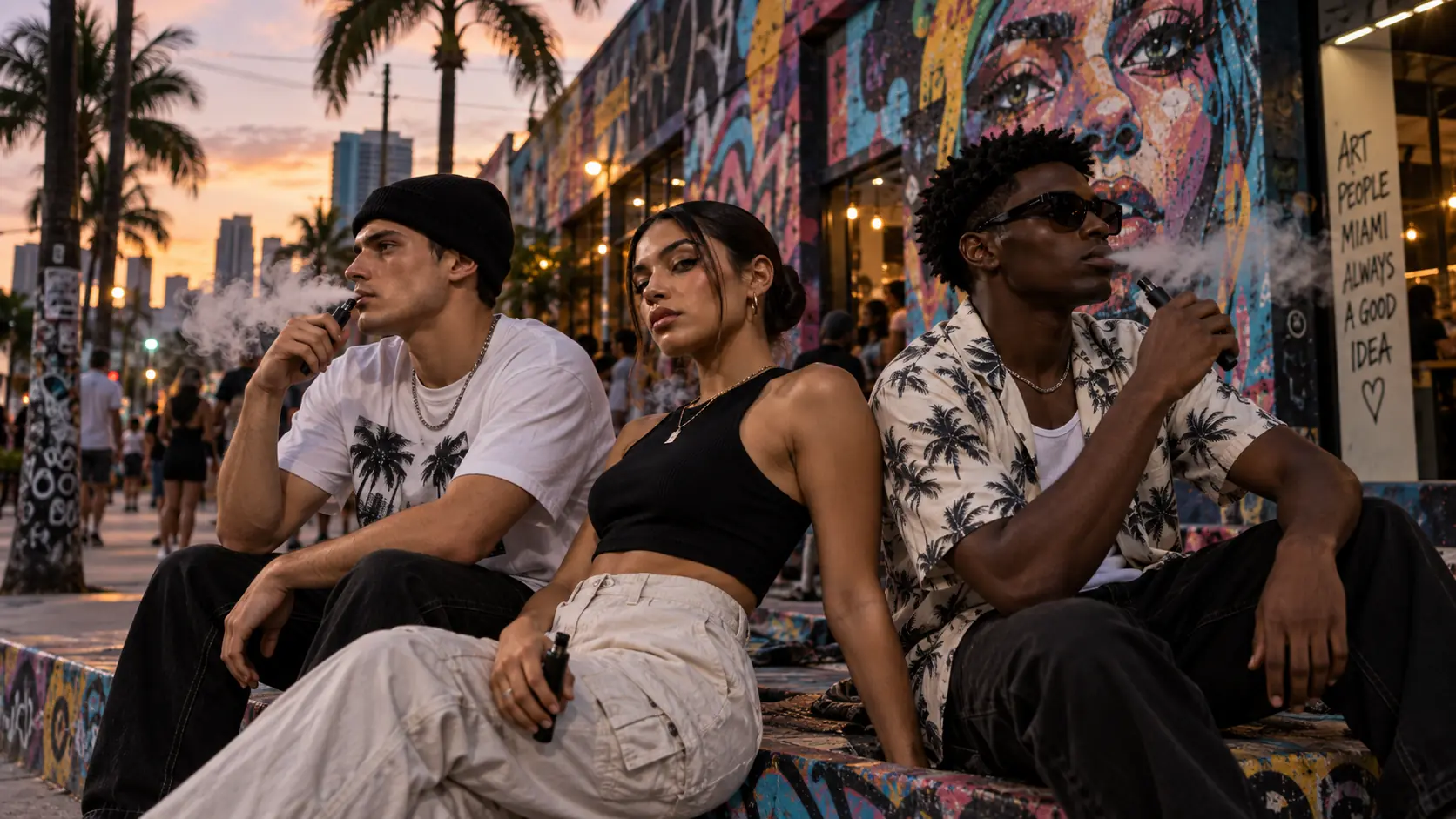Friends hanging out at sunset in front of a Wynwood mural