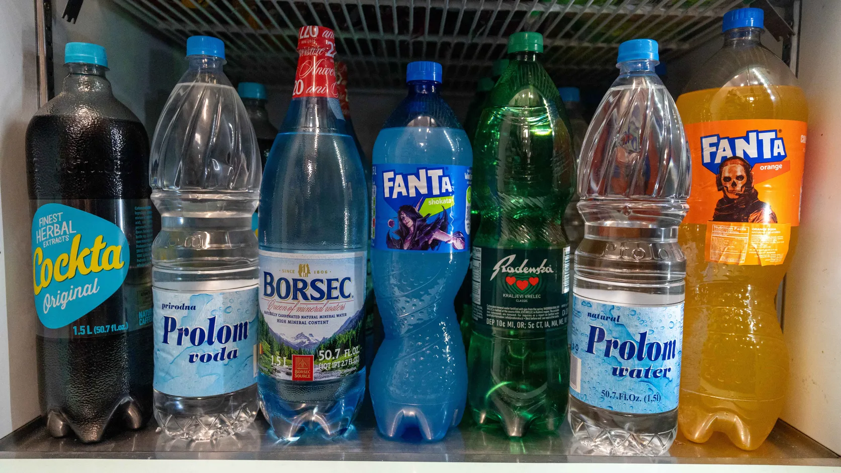 Cockta, Prolom water, Borsec, Fanta and Radenska in the WYN MKT fridge
